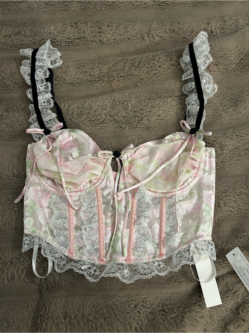 For Love & Lemons Pink Floral Lace Bustier Chemise